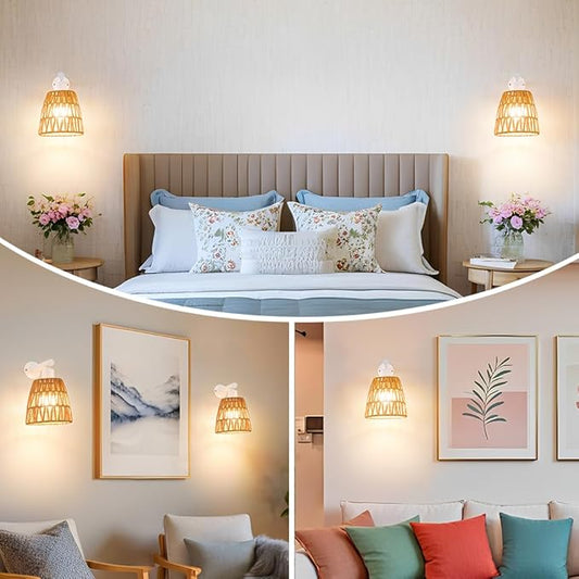 Battery Operated Wall Sconce Set of 2, Boho USB Rechargeable Wall lamp, White Farmhouse Rattan Sconce Lighting with Remote, RGB 15 Colors Modes Rechargeable Wall Lights for Bedroom Livingroom Hallway