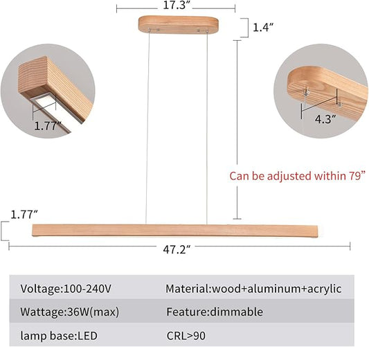 Wooden Linear Pendant Light 47" LED Pendant Light Dimmable Pool Table Island Lights Modern Linear Chandeliers for Dining Room Kitchen Ceiling Pendant Lamp for Dining Room Billiard Room Natural