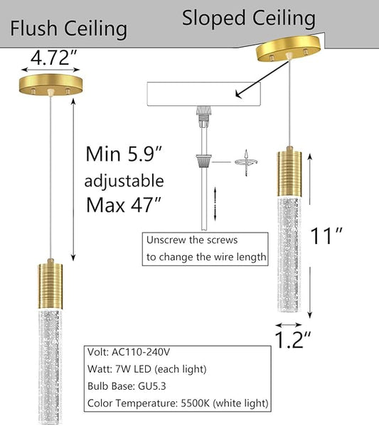 HAIXIANG 4 Pcaks Pendant Lights for Kitchen Island, White Light, Gold Crystal Linear Pendant Lighting, Bar Corner LED Light Fixture