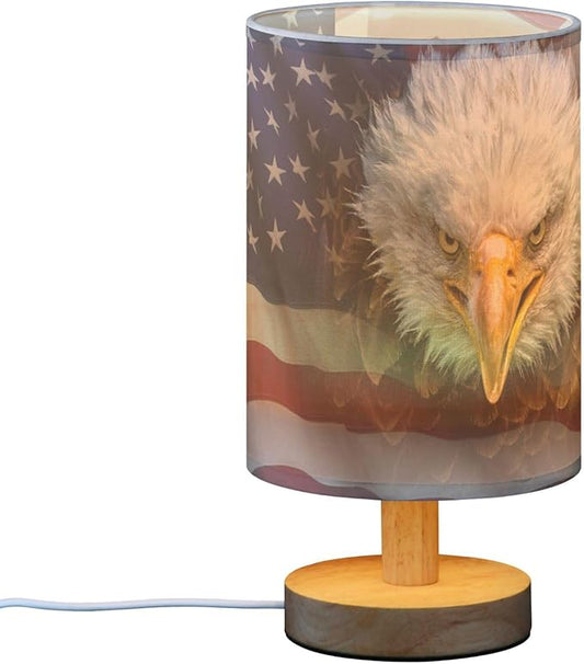 Table Lamp American Bald Eagle on USA Flag Nightstand Lamp with Wood Base Fabric Lamp Shade Bedside Desk Lamp for Living Room Bedroom Kids Room Office