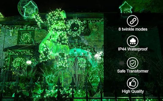 kemooie 300 LED Green St. Patrick's Day Lights, 99 FT 8 Twinkle Modes Connectable Plug in Green Wire String Lights, Waterproof Christmas Lights for Party Irish St Patrick's Day Xmas Decorations