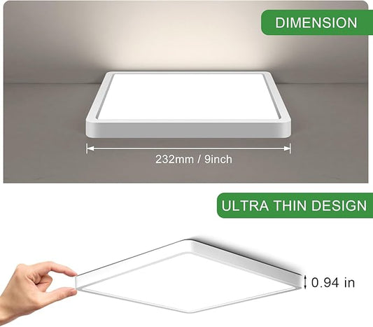 9Inch 18W Square LED Ceiling Light Fixtures Flush Mount, 4000K Natural White LED Ceiling Lamp, Surface Mount Modern Ceiling Lights, Slim Flat Panel Lighting for Bedroom, Kitchen, Bathroom Etc.
