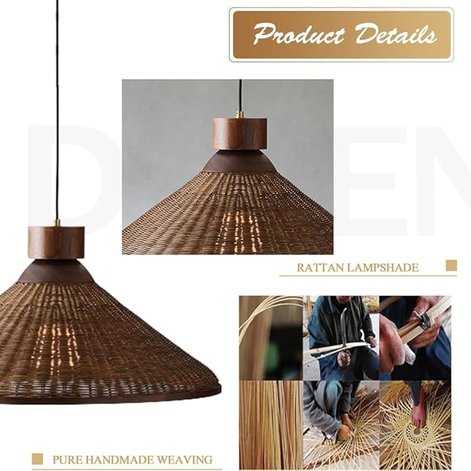 Rattan Woven Pendant Hanging Lighting,Vintage Ceiling Light Bamboo Chandelier for Living Room Bedroom Restaurant Cafe Teahouse Bar Dining Room