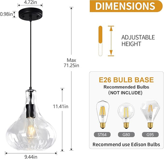 Modern Glass Pendant Light 9.44 in Clear Hammered Glass Shade Black Farmhouse Island Pendant Lights for Kitchen Pendant Lighting Over Sink Dining Room Bedroom