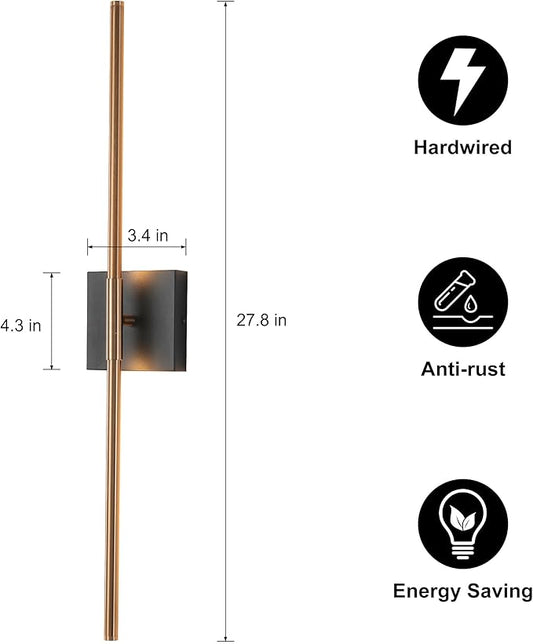 KUZZULL Modern Light Fixture Set of Two 27.8x4.3x3.4in Black and Brass Gold Sconces 1200Lm LED Wall Lights for Bathroom, Living Room, Corridor