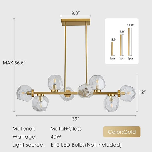 Jonsi Modern Linear Chandeliers 8 Light Clear Glass Dining Room Light Fixture 39" Gold Mid Century Chandelier Pendant Light for Living Room Kitchen Island