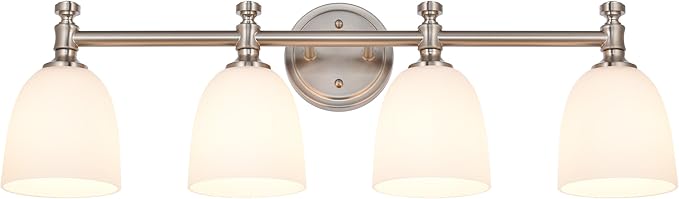 Bathroom Vanity Light, 4-Light Bathroom Light Fixtures Over Mirror, Traditional Vanity Lights for Living Room, Milk White Bell Glass Shades, Standard E26 Base, Brushed Nickel