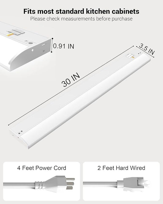 30 Inch LED Under Cabinet Light, Plug in Kitchen Lighting, 3CCT Selectable (3000K/4000K/5000K), CRI94 High Color Accuracy, Linkable, Slim Design Dimmable, Matte White