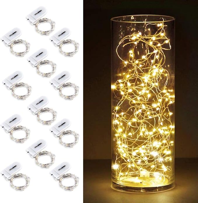 CYLAPEX 12 Pack Fairy Lights Battery Operated 7ft 20 LED Mini String Lights Silver Wire Firefly Starry Moon Lights for Wedding Mason Jars Party Christmas Centerpiece Table Decorations, Warm White