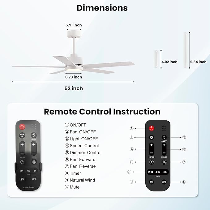 Conciseer Modern Ceiling Fans with Lights,52 Inch Ceiling Fans with Remote for Bedroom Living Room Kitchen, 18W 6CCT Dimmable,5 Blades 6 Speed Reversible Quiet DC Motor White