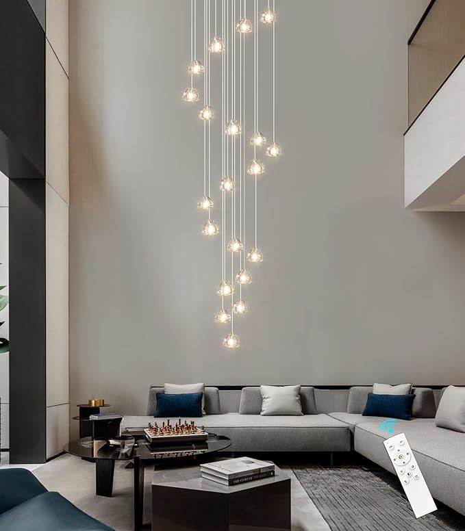 HAIXIANG 20-Lights Modern Chandeliers for Living Room Long Light High Ceiling Pendant Lights LED Dimmable Lighting Fixtures Chandelier for Foyer Entryway Polished Chrome Sloped Ceiling Install