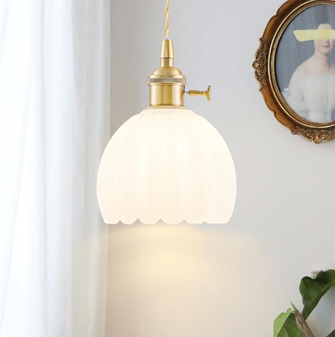 Mini Pendant Lights Kitchen Island, Small Adjustable Pendant Light Fixture with Milk White Tulip Glass Lampshade, Vintage Gold Pendant Lighting, Pendant Light for Bedroom Dining Room Hallway