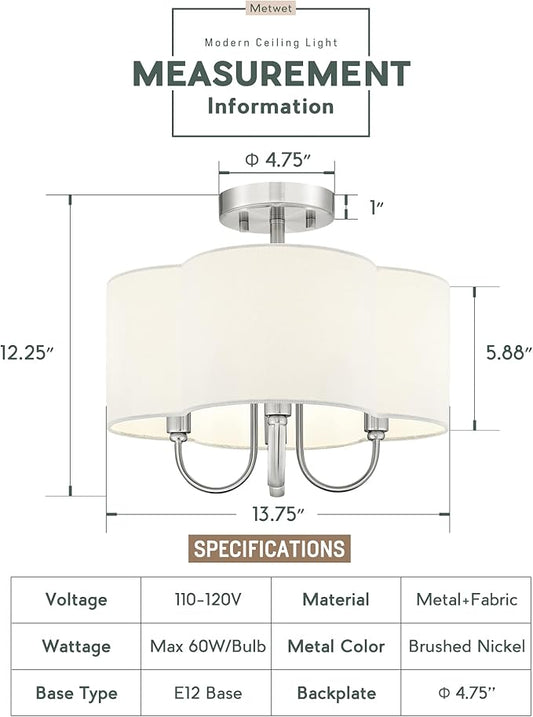 4-Light Semi Flush Mount Ceiling Light, 13.5" Vintage Light Fixtures Ceiling Mount with Fabric Shade in Quatrefoil for Kitchen Entryway Hallway Bedroom, Brushed Nickel, SM179-BN