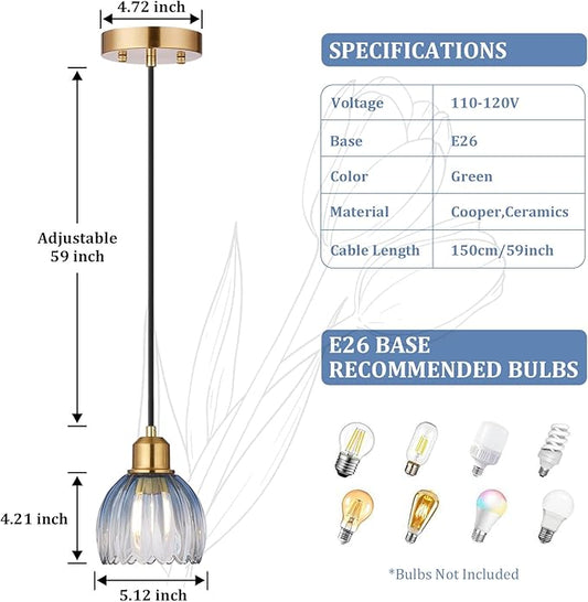 TALOYA Pendant Light with Blue Tulip Glass Lampshade, Brass Vintage Pendant Light Adjustable Hanging Light for Kitchen Island Bedroom Dining Room Hallway& Bar