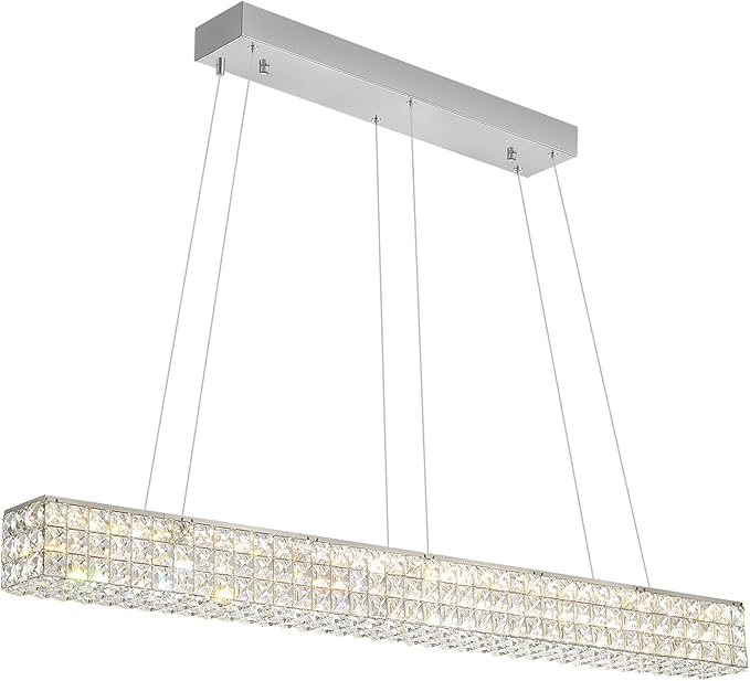 ykolupty W48 Modern Rectangular Crystal Chandeliers Dining Room Chandelier,Silver Pendant Light Fixture with Remote Control for Living Room Kitchen Island
