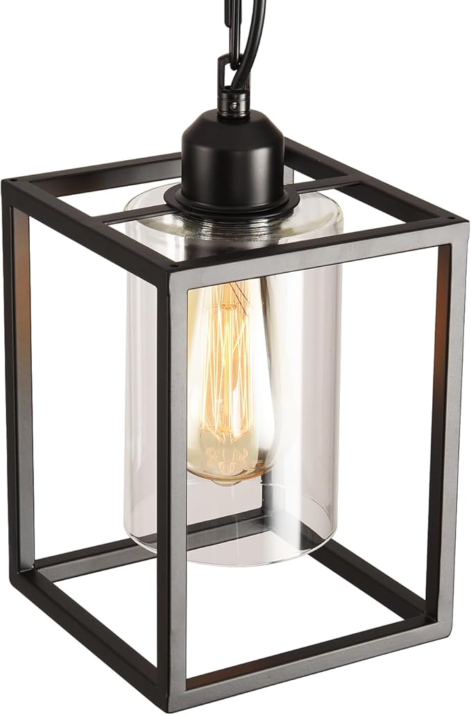 Farmhouse Pendant Light,Black Metal Frame Hanging Light Fixture with Clear Glass Shade Chandelier, Adjustable Chains Industrial Mini Pendant Lighting for Kitchen Island Entryway Porch
