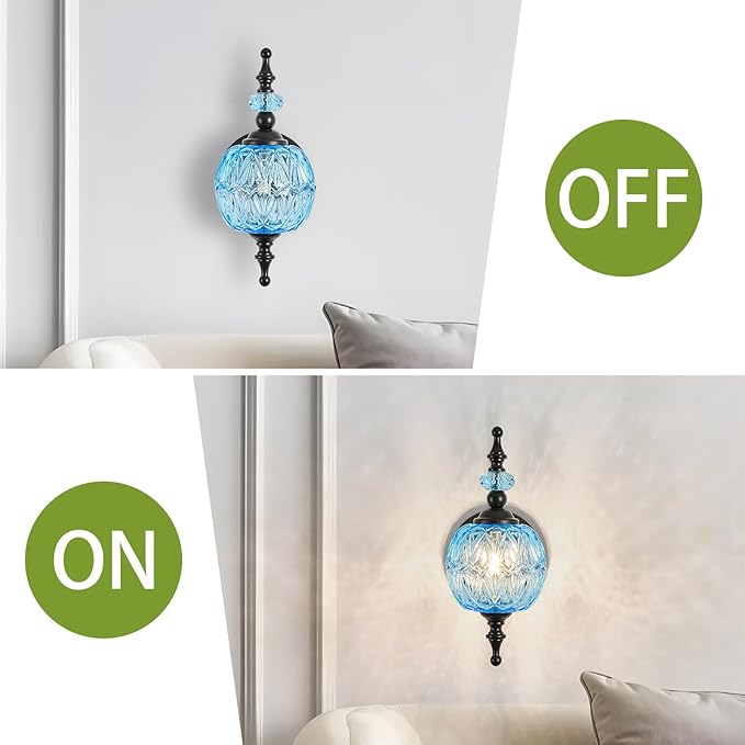 Vintage Wall Sconces with Black Finish Bathroom Blue Wall Light Fixtures with Crystal Glass Shade for Bedroom Living Room Kitchen Hallway