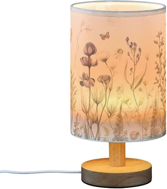 Bedside Table Lamp Retro Colorful Herbs Wild Flowers Nightstand Lamp with Wood Desk Lamps for Bedroom Living Room Nursery Office Home Decor