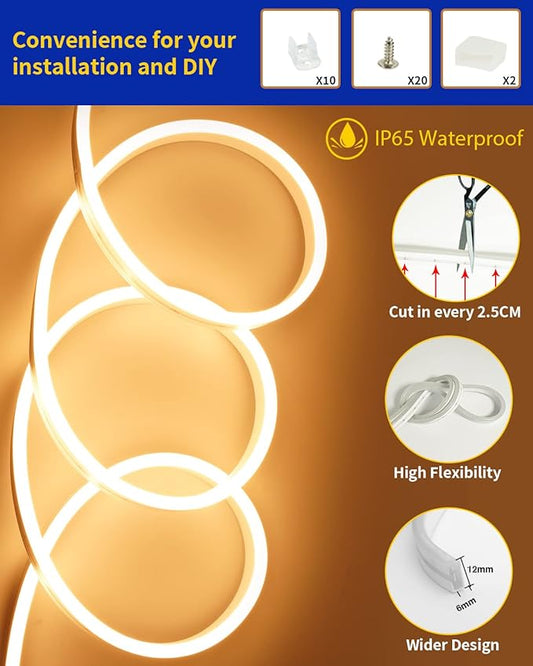 DUOFU365 Warm White Neon LED Strip Light, DC 12V 600 SMD2835 LED Neon Rope Lights,Upgraded 16.4ft/5m Led Light Strips Flexible Waterproof for Indoor/Outdoors Home Decoration/DIY(No Power Adapter)