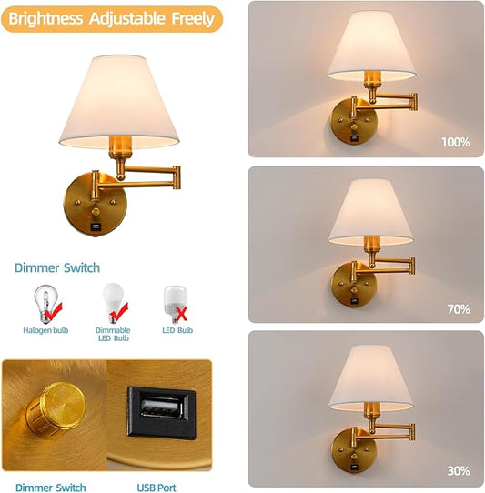 Swing Arm Wall Sconces, Plug-in Wall lamp,Bedroom Wall lamp , White Fabric Shade,,with dimmable Switch and USB Charging Port, Suitable for Bedside, Living Room, Reading (Golden)