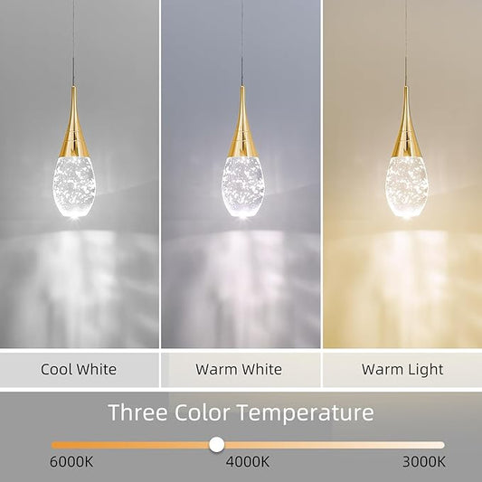 JoollySun Mini Crystal Pendant Light: 1-Light Teardrop Dimmable 3-Color LED Pendant for Kitchen Island Bathroom - Polished Gold