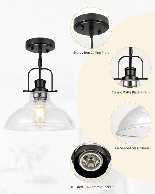 WILON Seeded Glass Pendant Lights Kitchen Island Lighting, Black Modern Farmhouse Pendant Light Fixture with E26 Base, Vintage Hanging Ceiling Lamp for Kitchen Sink Hallway Dining Room Entry Hall