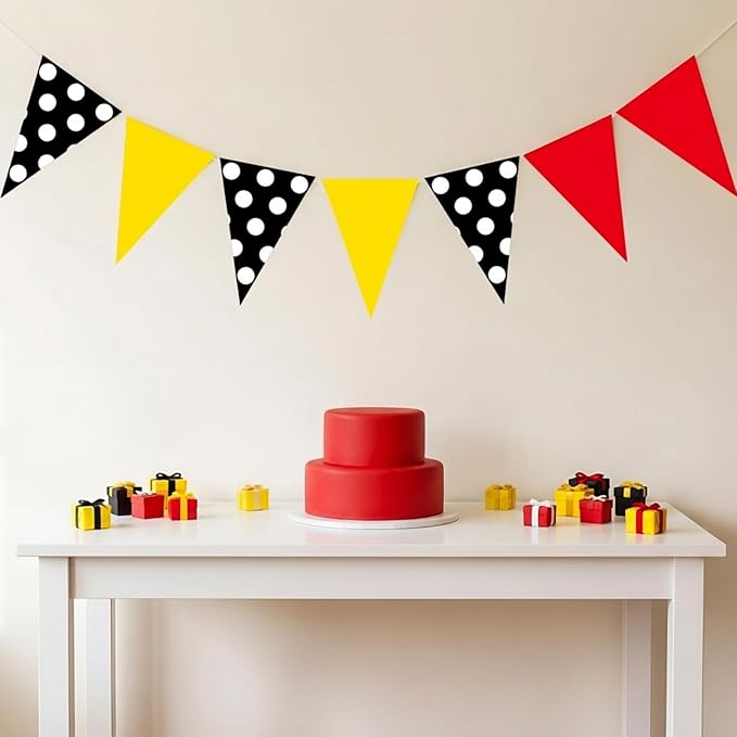 HESTYA 5 Pieces 49 Feet Mouse Pennant Banner Cartoon Party Decorations Cartoon Themed Red Yellow Black White Dot Triangle Flags Bunting Banners for Birthday Wedding Party Decor Indoor Outdoor Supplies