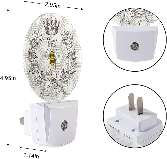 EKOBLA Queen Bee Plug-in Night Light, Bee Theme Round LED Nightlight with Auto Sensor, Dusk to Dawn Lighting for Bedroom, Hallway & Kitchen