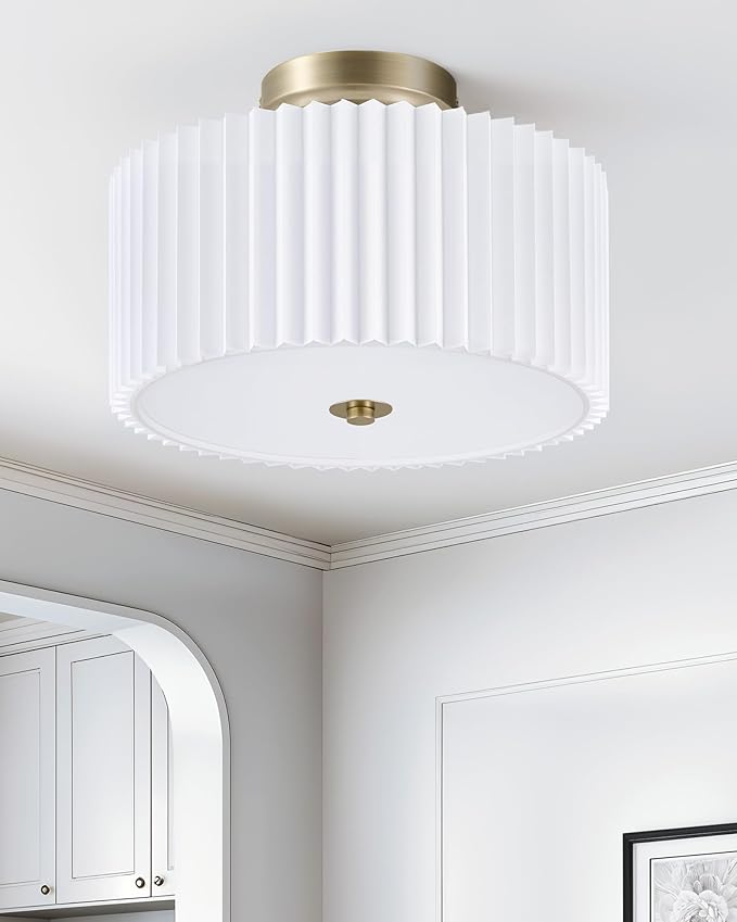 VONLUCE 12.2" Semi Flush Mount Ceiling Light, 2-Light Modern Ceiling Lights with Pleated White Shade, E26 Bulb Compatible, Ideal Light for Bedroom, Living Room, Nursery, Hallway, Bronze Finish