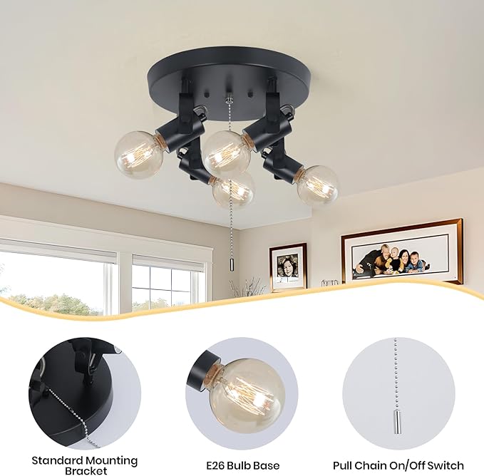 4 Light Flush Mount Ceiling Light with Pull Chain, Industrial Kitchen Ceiling Light with Rotatable Light Head,Black Pull Chain Ceiling Spotlight for Bedroom Hallway Kitchen Laundry