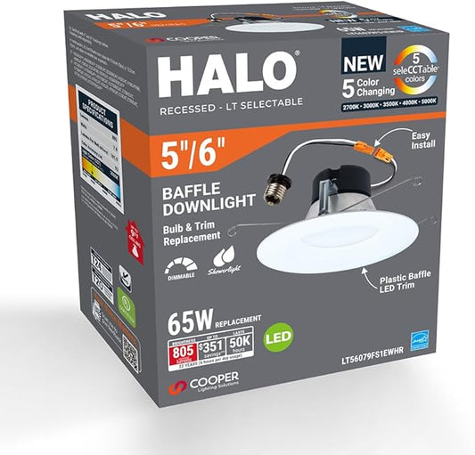 HALO 5 inch / 6 inch LED Recessed Light Trim 750 Lumens Dimmable Baffle Can Light with 5 Color Temperatures for Ceiling Indoor Outdoor Shower LT56079FS1EWHR