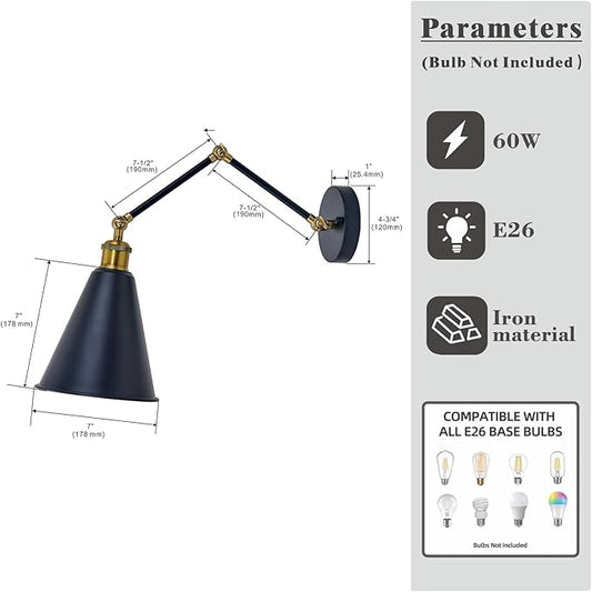 Farmhouse Swing Arm Wall Sconces Lighting 7 inch, Industrial Wall Sconce with Adjustable Arm, Metal Shade, Modern Classic Wall Lamp for Bedside Reading, Living Room, Kitchen