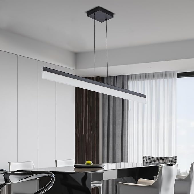 Black Wood LED Kitchen Island Lighting, 39 Inch LED Linear Pendant Light, Dimmable Ceiling Hanging Chandeliers for Dining Room Living Room Bar Pool Table 24W, Modern Farmhouse Fixture, 6000K