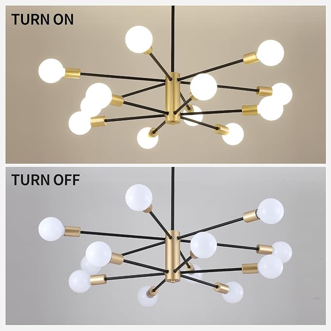 AMZASA Sputnik Chandeliers Ceiling Light Fixture, 12 Lights Modern Farmhouse Chandelier Black and Gold Mid Century Pendant Light for Dining Room, Living Room, Kitchen Island Entryway Foyer, UL Listed