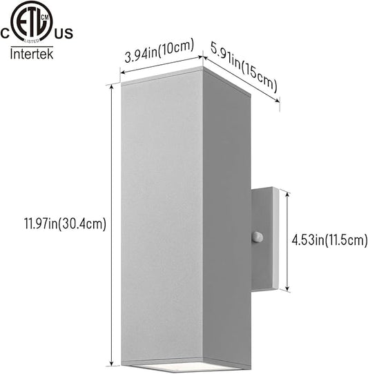 mirrea Modern Outdoor Porch Light Patio Light in 2 Lights with Aluminum Rectangular Tube and Tempered Glass Cover Waterproof Wall Sconce 2 Pack (Matte Gray)