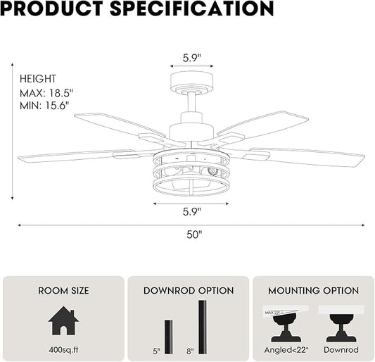 52 Inch Ceiling Fans with Lights and Remote Control, Farmhouse Ceiling Fan with LED Lighting for Bedroom Living Room and Patio, Black Caged Ceiling Fan for Indoor and Outdoor(NO Bulbs)