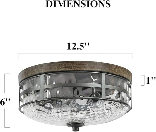 KSANA Farmhouse Faux Wood Flush Mount Ceiling Light Fixture with Water Ripple Glass for Bedroom, Hallway, Kitchen, Dining & Living Room, Foyer and Bathroom