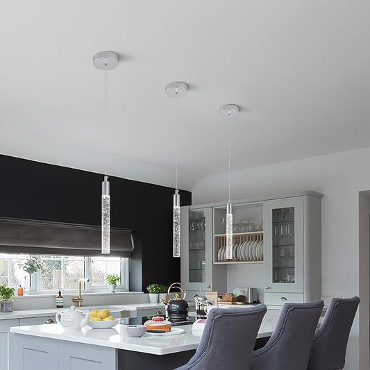 Modern Kitchen Island Pendant Light Dimmable LED Chrome Finish Mini Crystal Pendant Lighting Bedroom Bedside Table Small Pendant Lights(3-Pack)