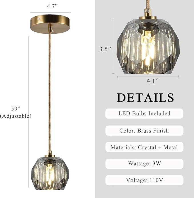 Modern Farmhouse Pendant Lights, Brass Smoke Crystal Hanging Lamp, Small 1 Light Raindrop Chanadelier for Bedroom Dining Room Kitchen Island Entryway Living Room
