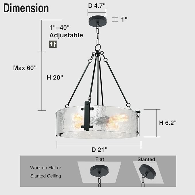IKK Black Modern Textured Glass Chandelier for Dining Room, 21" Glass Drum Chandelier Light Fixture, Crystal Round Hanging Light for Living Room, Bathroom,Foyer, Kitchen Island, Bedroom