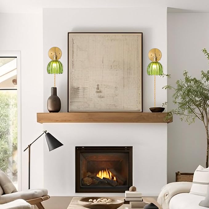 Plug in Wall Sconces Set of 2, Vintage Wall Sconce Light with Tulip Green Glass Lampshade, Bedroom Wall Sconce with Switch and Plug in wall lamp Cord, Gold Wall Light Wall Decor Set of 2