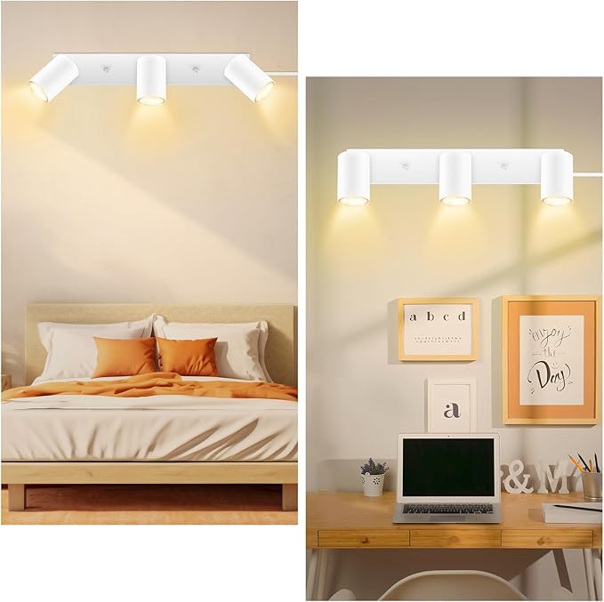 AUQUEE 3 Light Track Lighting Kit,White 3 Way Flexible Plug in Ceiling Spotlight,Industrial LED Wall Light for Kitchen Cabinet Gallery Bar Hallway Living Room,Rocker Switch,15 ft Cord(No Bulb)