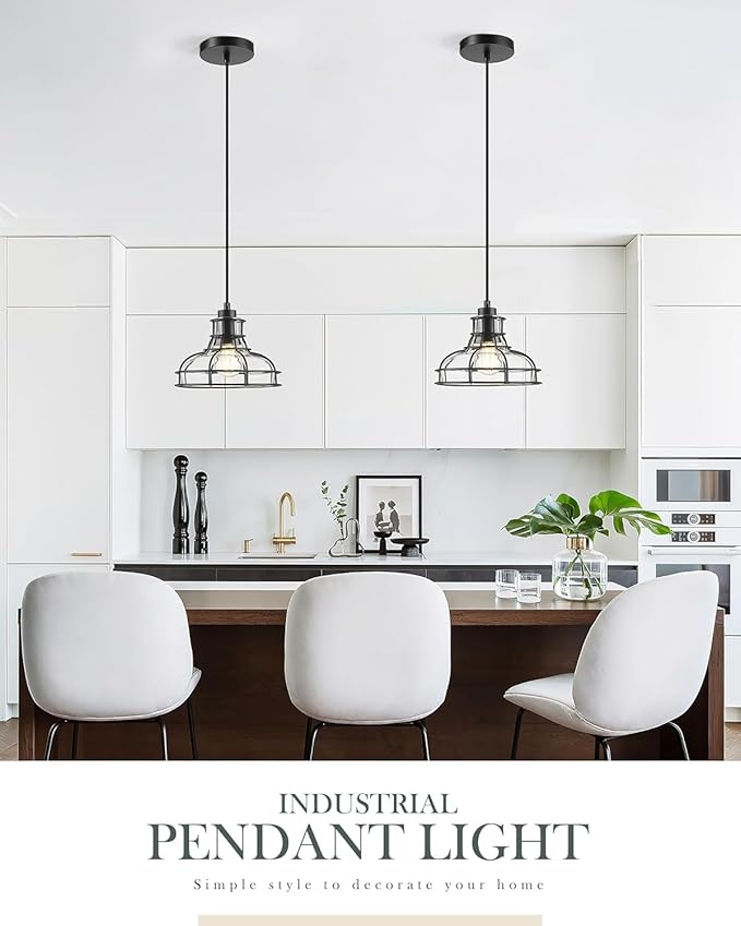 Industrial Pendant Lights Kitchen Island Black 8.7", 2 Pack Hanging Light Fixtures with Clear Glass and Metal Cage, Farmhouse Kitchen Pendant Light for Dining Room, Bedroom, Living Room