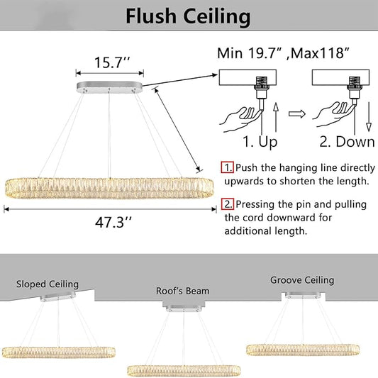 HAIXIANG Modern Crystal Chandelier Dimmable LED Long Chandeliers for Dining Table Pendant Lights Rectangular Glam Lighting Fixtures for Dining Room Kitchen Island Silver