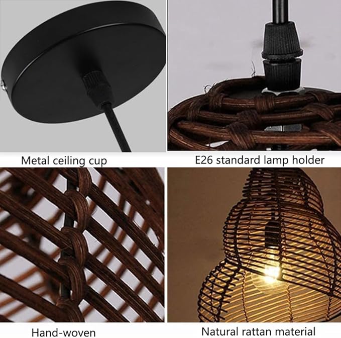 Retro Conch Pendant Lamp Hand Woven Ceiling Lighting Weave Bamboo Rattan E26 Hanging Light Fixture Retro Japanese Wicker Lamp Shade for Bedroom Restaurant Cafe Brown