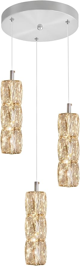 ykolupty Pendant Lights Kitchen Island 3-Lights Silver Crystal Chandelier for Dining Room Hallway Stairwell,LED Dimmable 2700K-6000K