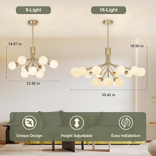 Depuley Bubble Ball Sputnik Chandelier: 18-Light Glod Modern Mid-Century Chandeliers for Dining Room - Milky White Glass Ceiling Light Fixture Height Adjustable Kitchen Over Table Included G9 Bulbs