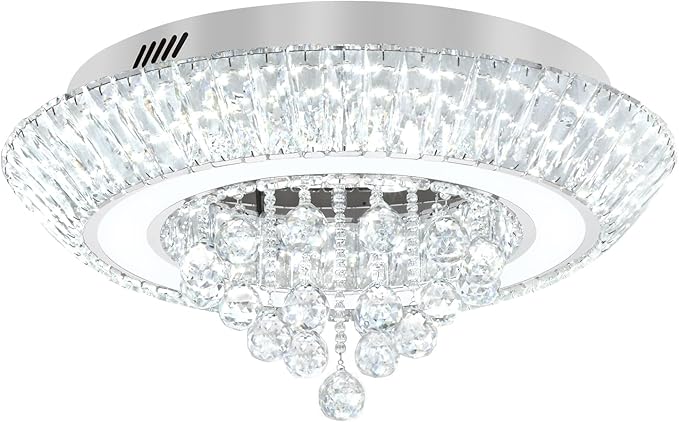Modern Led Crystal Chandelier for Living Room Crystal Raindrop Chandeliers for Dining Room, Bedroom 24in Silver Flush Mount Chandelier Ceiling Light with Remote