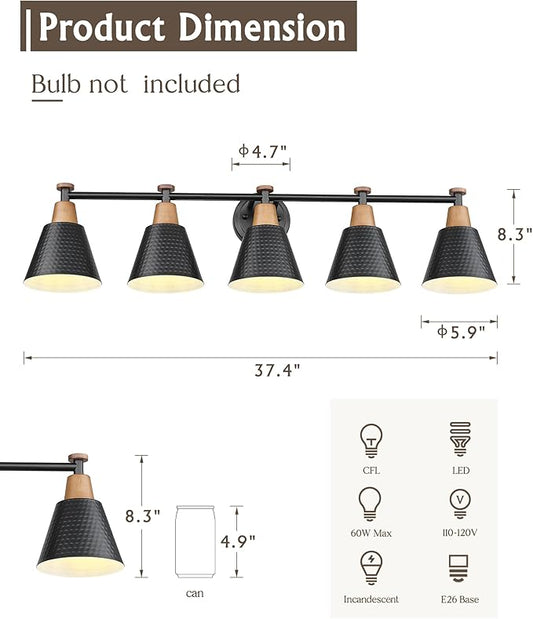 FEMILA 37.4" Black Vanity Light, Black Bathroom Light Fixture, Bathroom Lighting Fixtures Over Mirror with Matte Black Finish, 4FG59B-5W BK