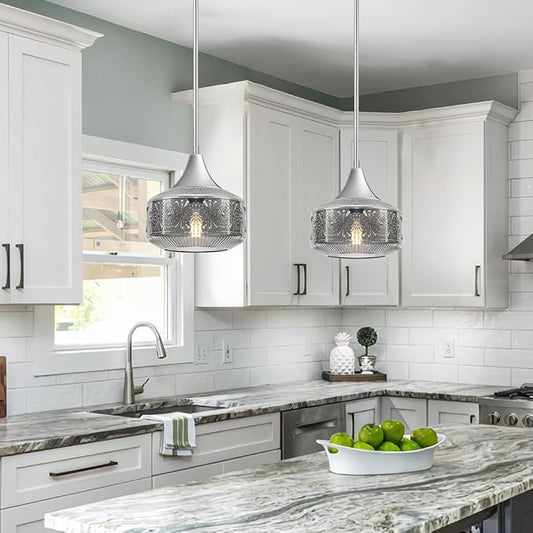 Modern Chrome Pendant Lights Kitchen Island, 9 Inch Smoke Grey Glass Pendant Light with Adjustable Hanging Rod, E26 Socket, for Kitchen Island Lighting, Bathroom, Hallway & Entryway Home Decor